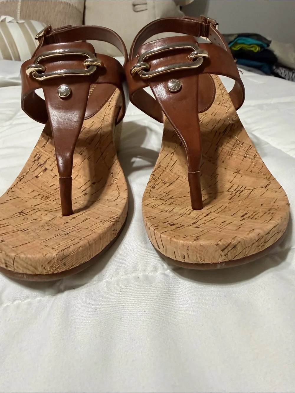 Alex Marie Tan Leather Cork Thong Sandals with Silver Accents